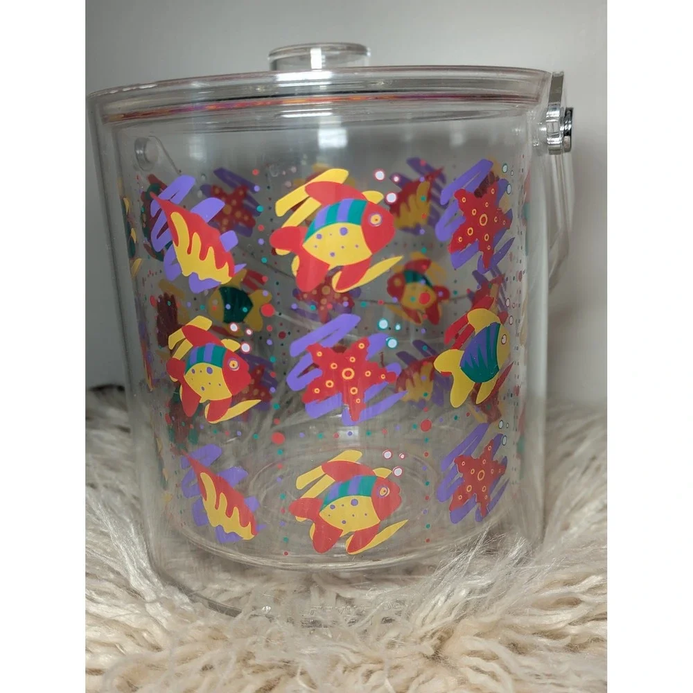 Vintage 90s Clear Ice Bucket Tropical Fish Retro Beach Party With‎ Lid